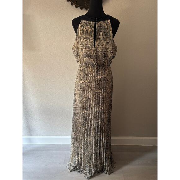VINCE CAMUTO Pleated Dress Snakeskin Design Green Tan Sz 12 Tall Elegant Evening - Picture 2 of 8